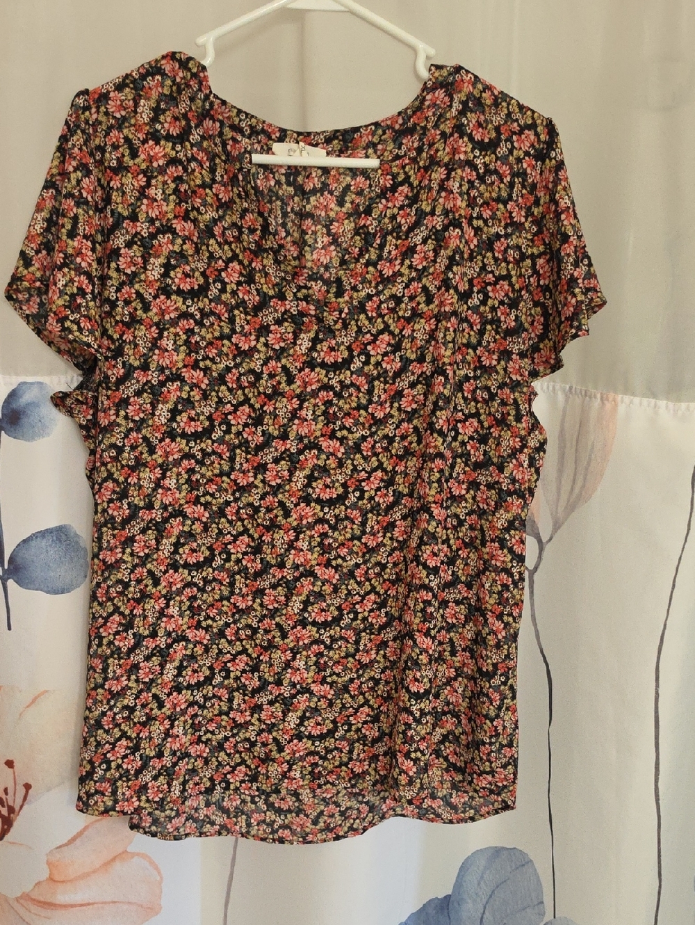 Maurices Black Floral Short-Sleeve Blouse with Pink & Green Flowers